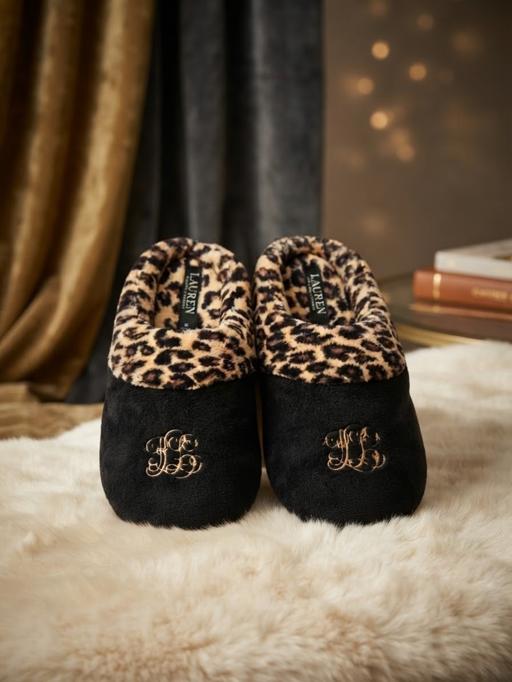 Lauren Ralph Lauren Black Plush Slippers with Leopard Collar